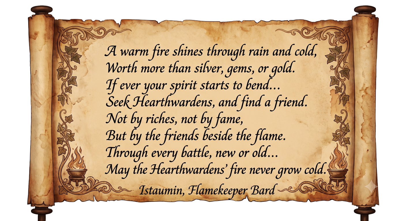 A parchment scroll bearing Istaumin's Hearthwardens guild song: A warm fire shines through rain and cold, worth more than silver, gems, or gold. If ever your spirit starts to bend, seek Hearthwardens and find a friend.