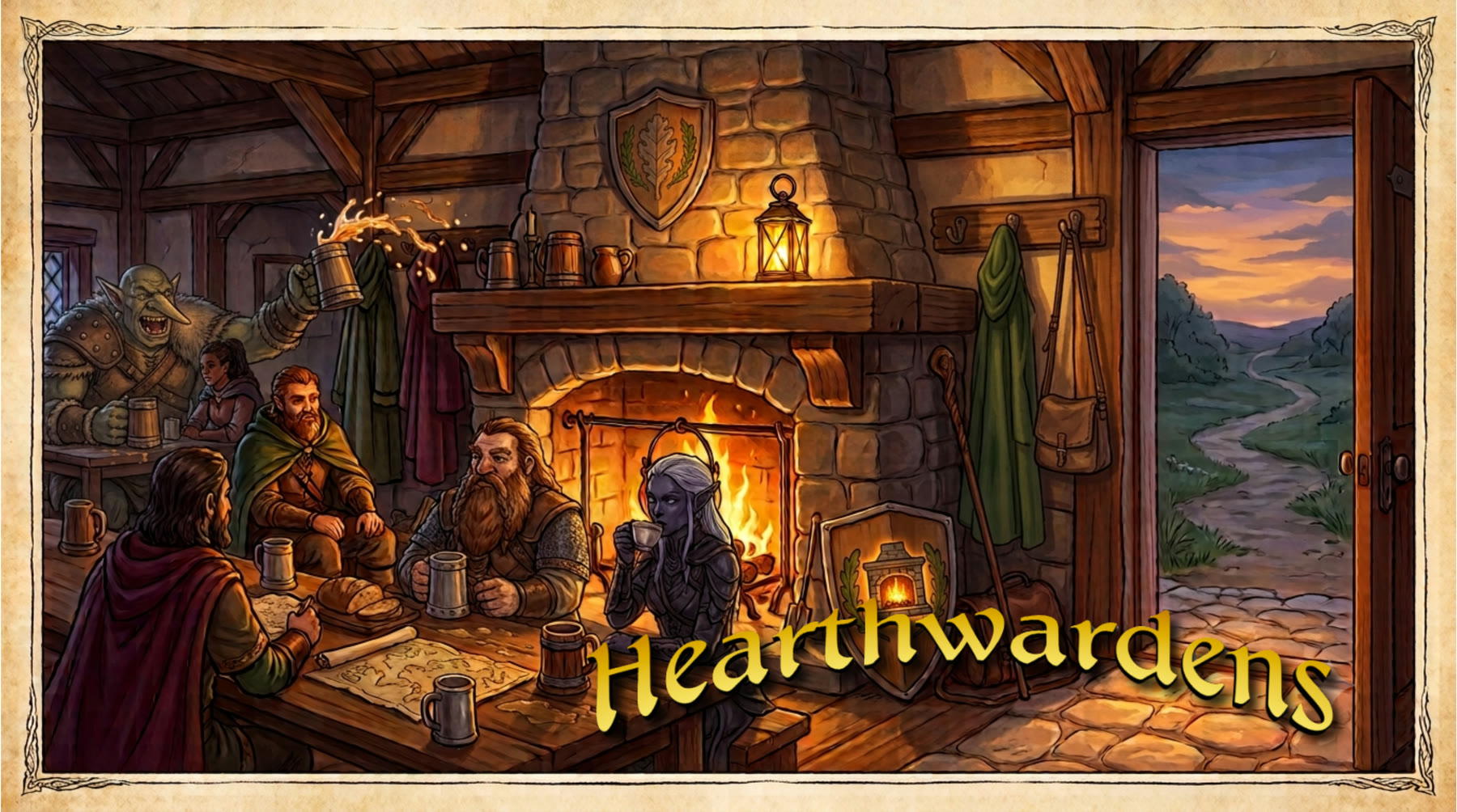 Hearthwardens guild hall banner: adventurers gathered around a warm hearth with an open road beyond the door